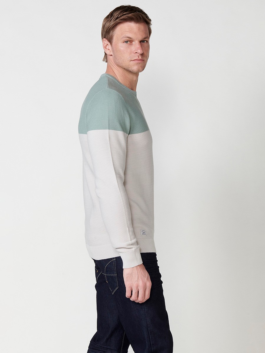 Long-sleeved cotton knit sweater with two-tone round neck, khaki for men 2