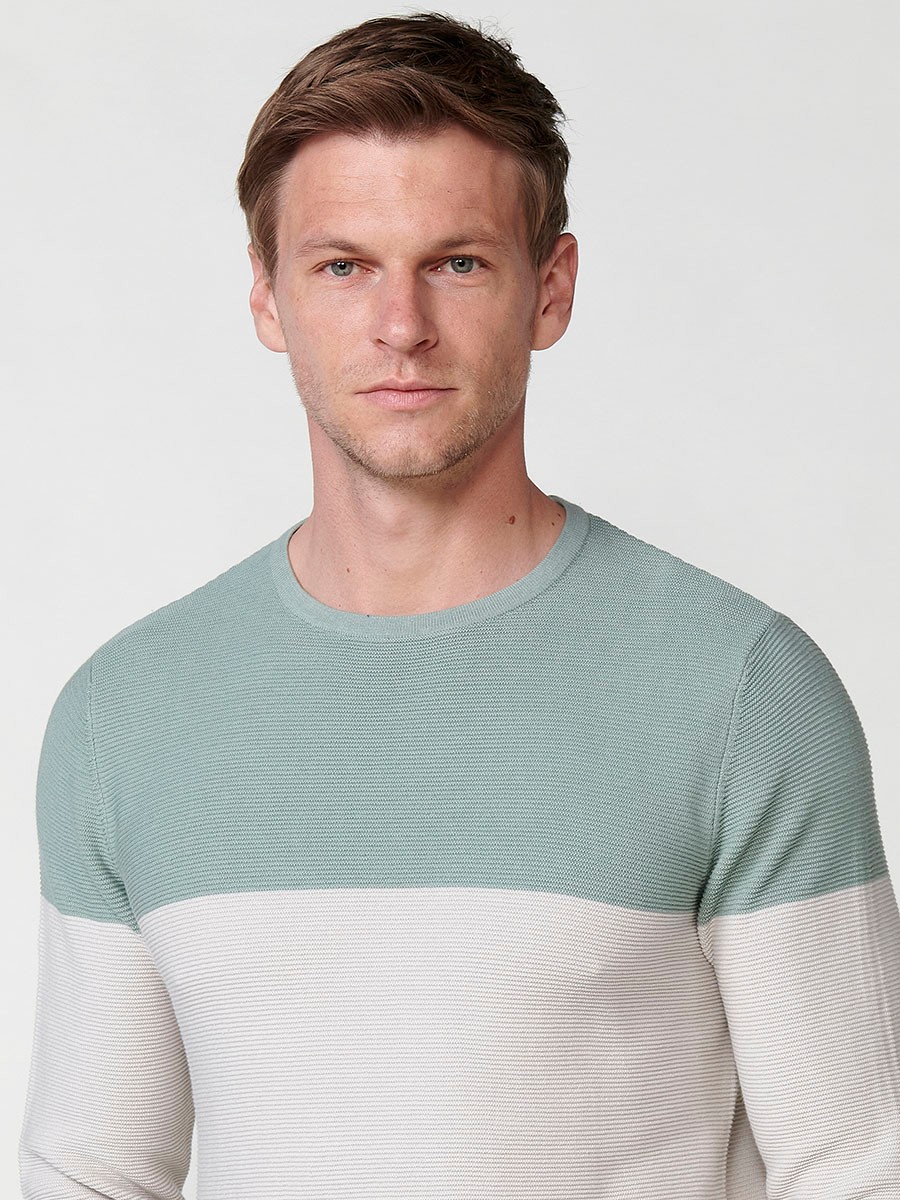 Long-sleeved cotton knit sweater with two-tone round neck, khaki for men 6