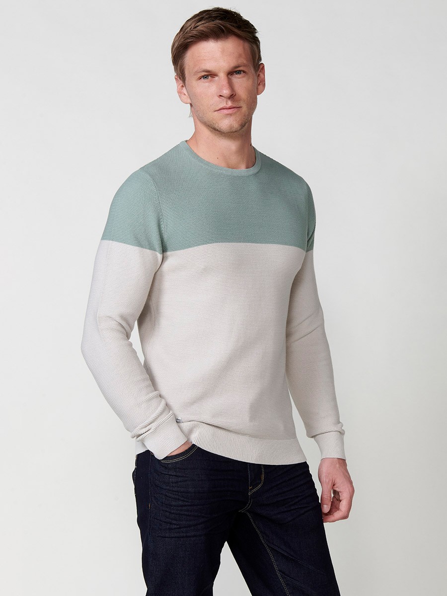 Long-sleeved cotton knit sweater with two-tone round neck, khaki for men 5