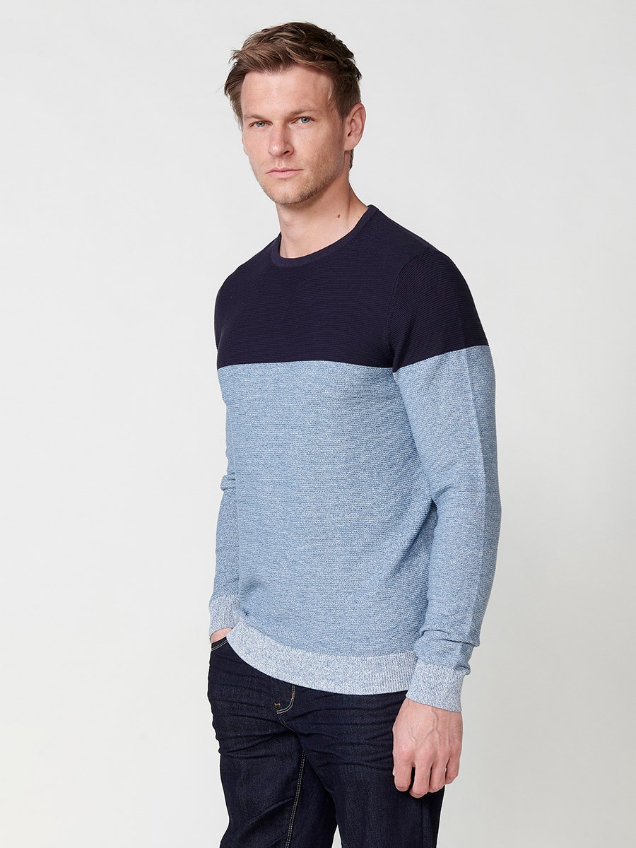 Men's long-sleeved cotton tricot sweater with a two-tone crew neck, navy