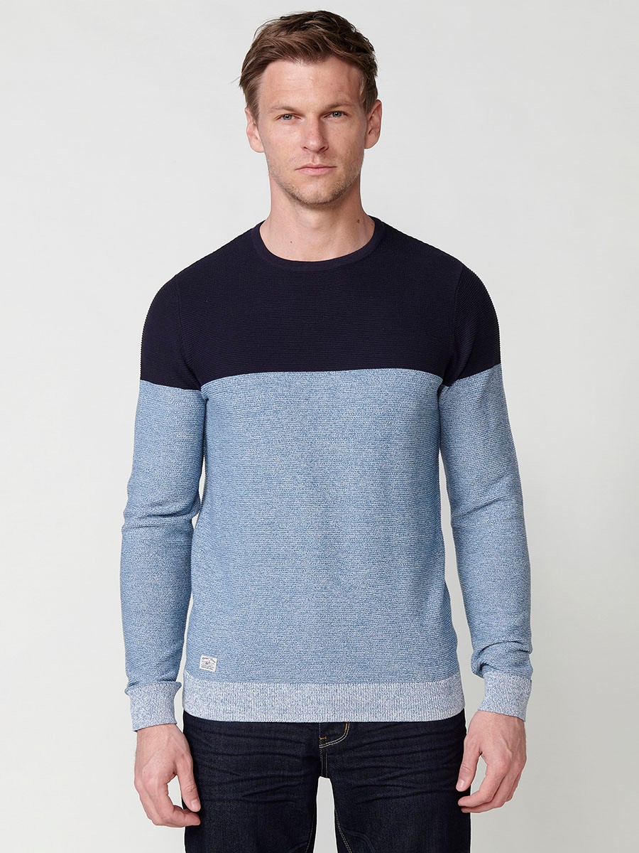 Men's long-sleeved cotton tricot sweater with a two-tone crew neck, navy 1