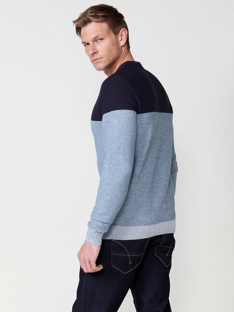 Men's long-sleeved cotton tricot sweater with a two-tone crew neck, navy 2