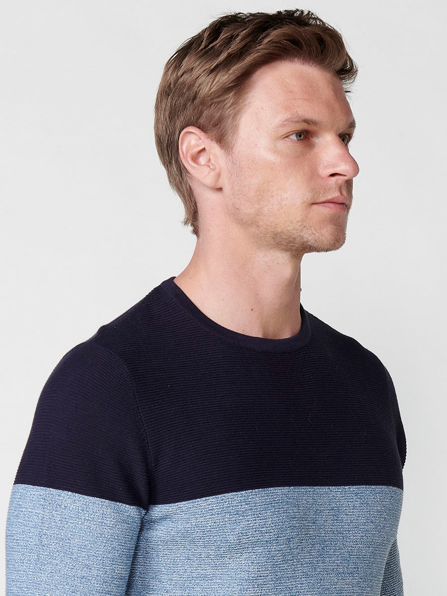 Men's long-sleeved cotton tricot sweater with a two-tone crew neck, navy 6