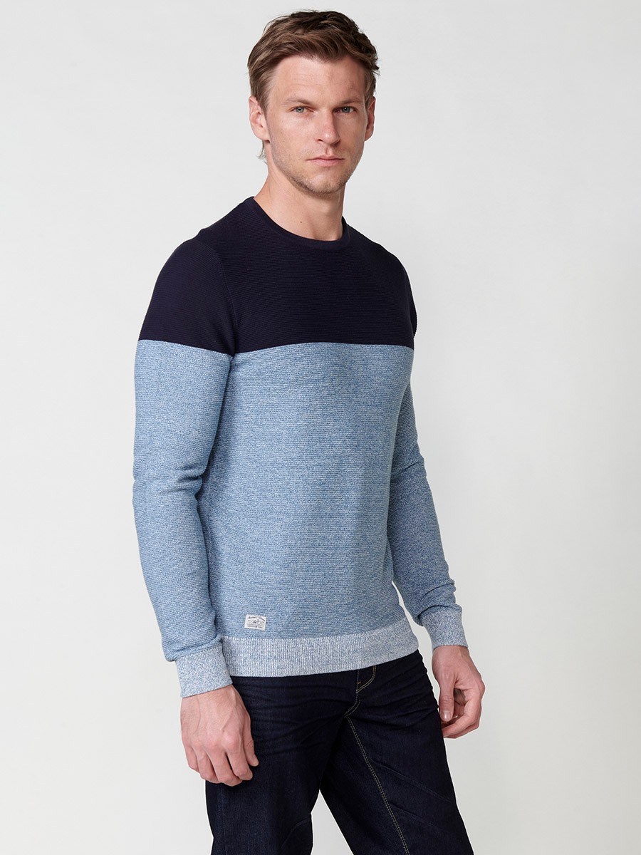 Men's long-sleeved cotton tricot sweater with a two-tone crew neck, navy 5