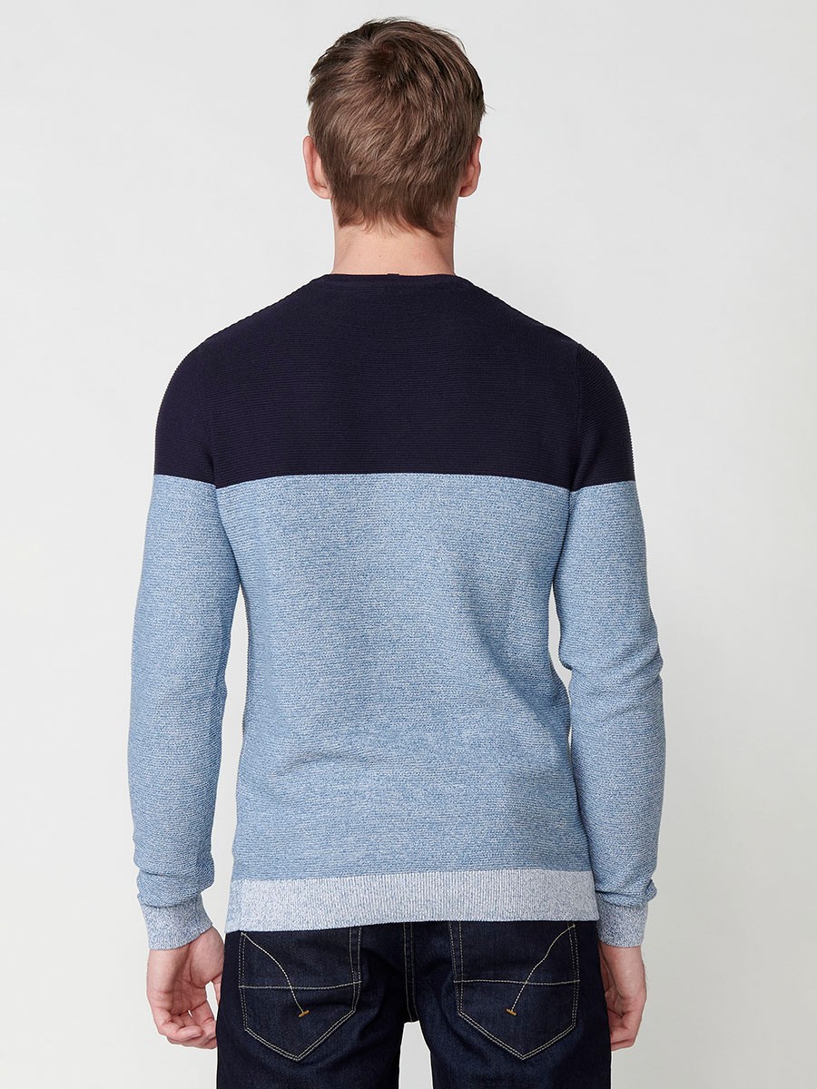 Men's long-sleeved cotton tricot sweater with a two-tone crew neck, navy 4