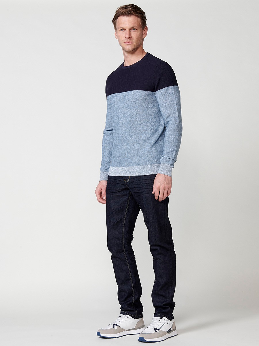 Men's long-sleeved cotton tricot sweater with a two-tone crew neck, navy 3