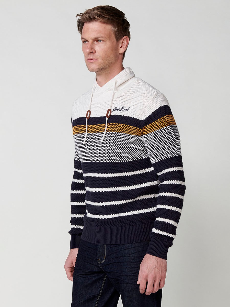 Men's Striped Cotton Long Sleeve Crew Neck Knit Jumper in Ecru