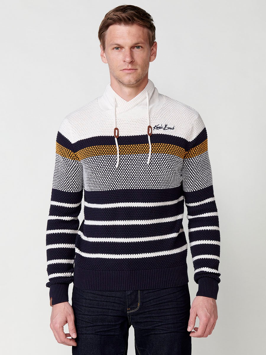 Men's Striped Cotton Long Sleeve Crew Neck Knit Jumper in Ecru