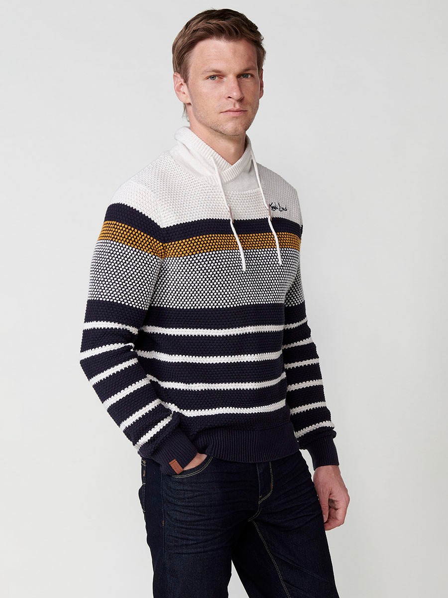 Men's Striped Cotton Long Sleeve Crew Neck Knit Jumper in Ecru