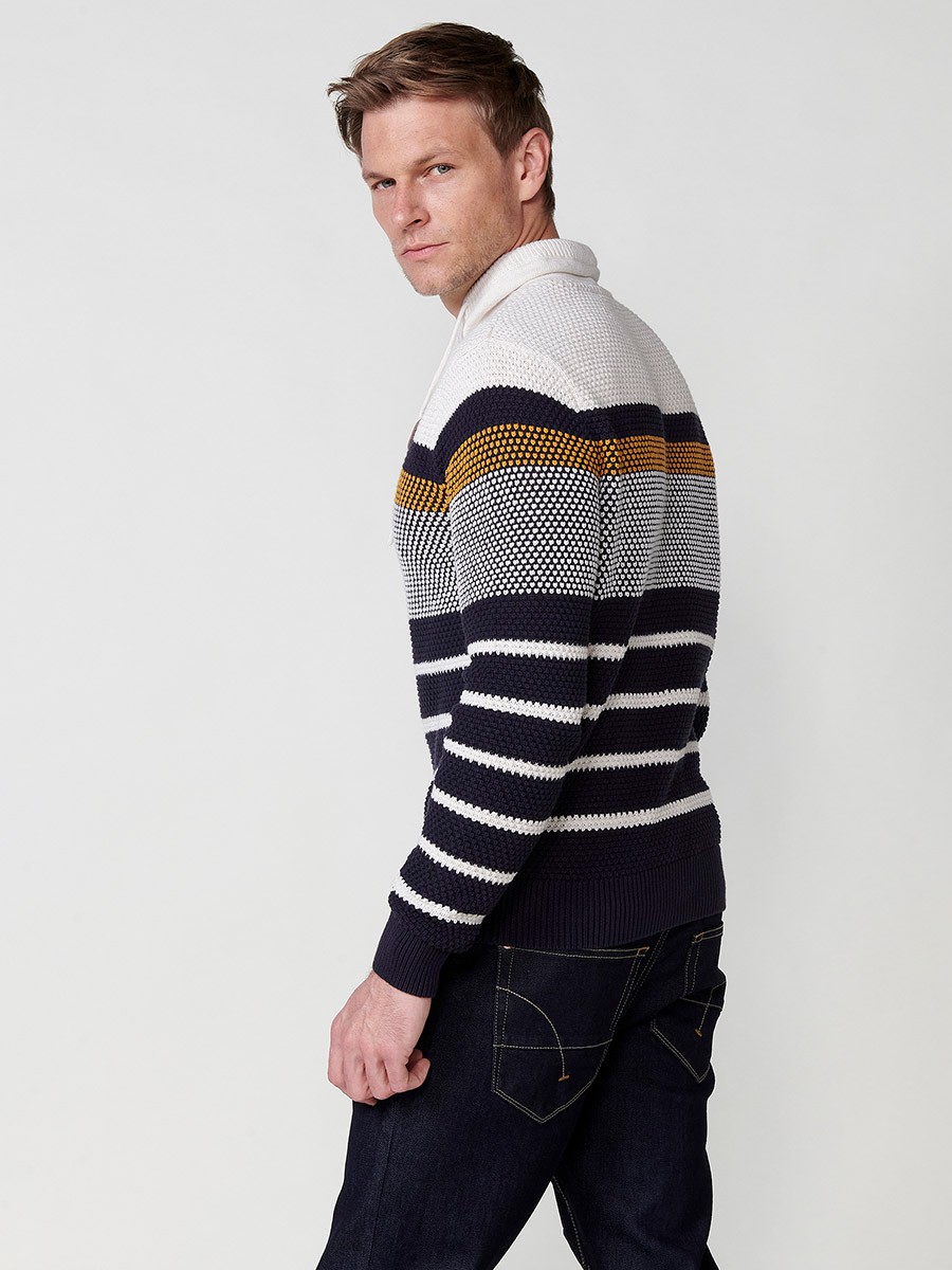 Men's Striped Cotton Long Sleeve Crew Neck Knit Jumper in Ecru