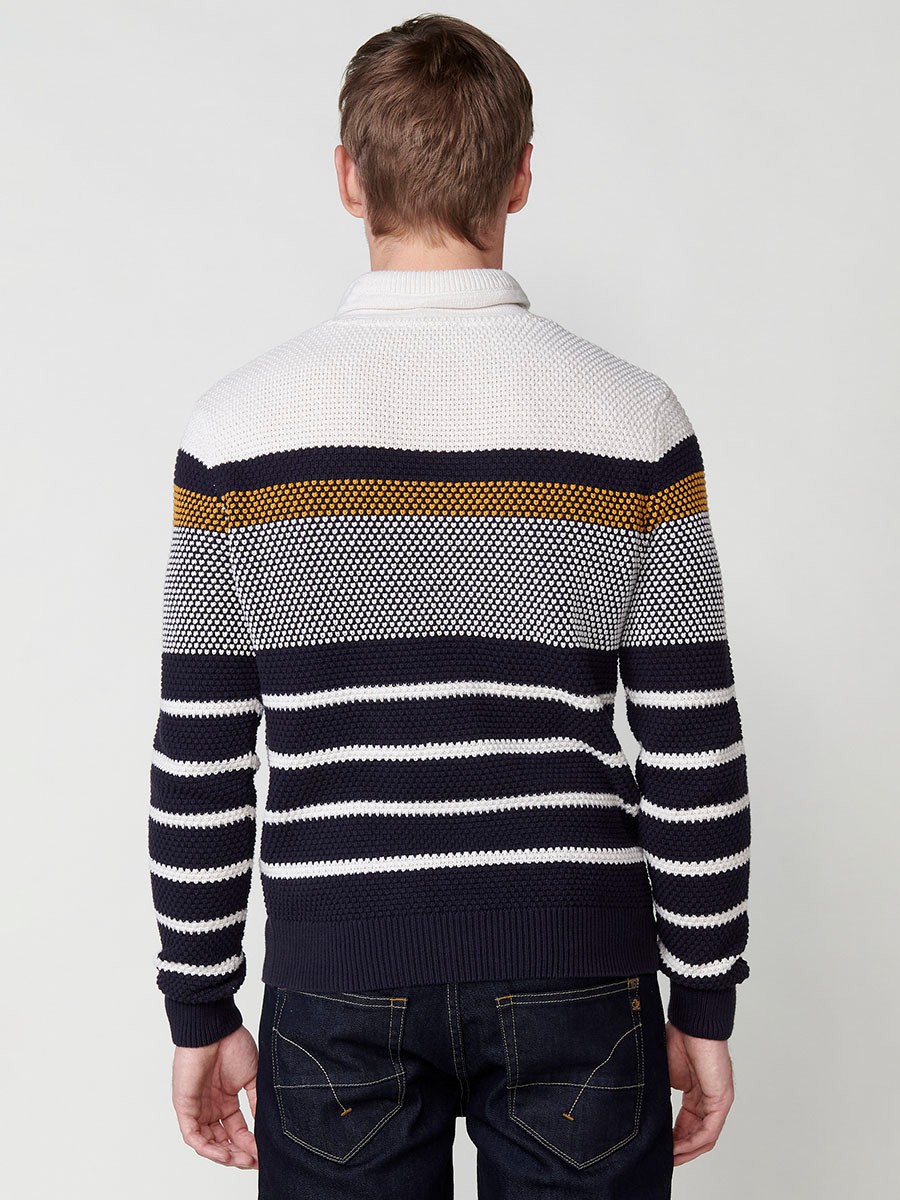 Men's Striped Cotton Long Sleeve Crew Neck Knit Jumper in Ecru