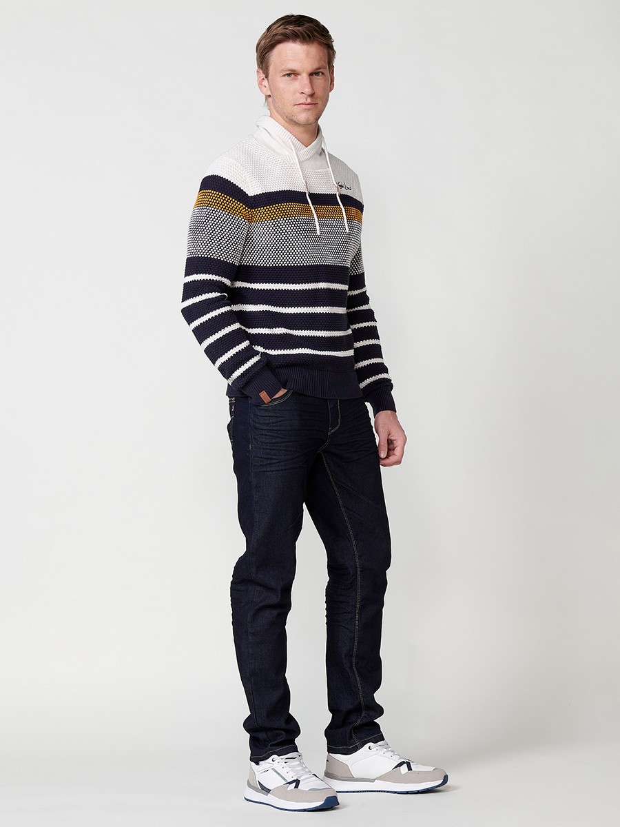 Men's Striped Cotton Long Sleeve Crew Neck Knit Jumper in Ecru