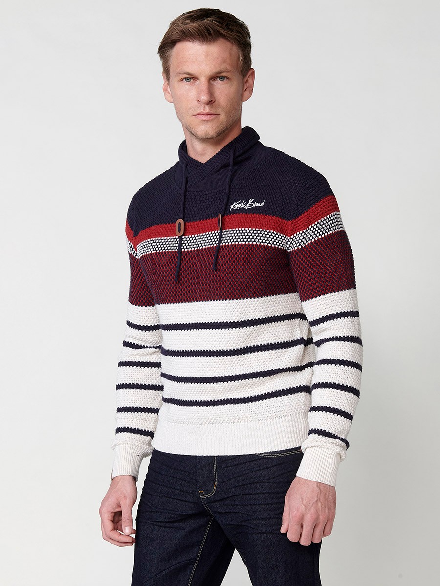 Men's Striped Cotton Long Sleeve Crew Neck Knit Sweater in Navy