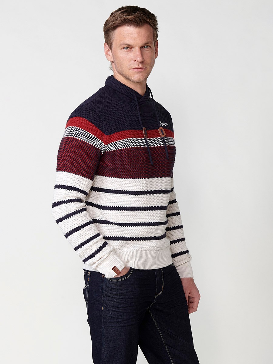 Men's Striped Cotton Long Sleeve Crew Neck Knit Sweater in Navy 1