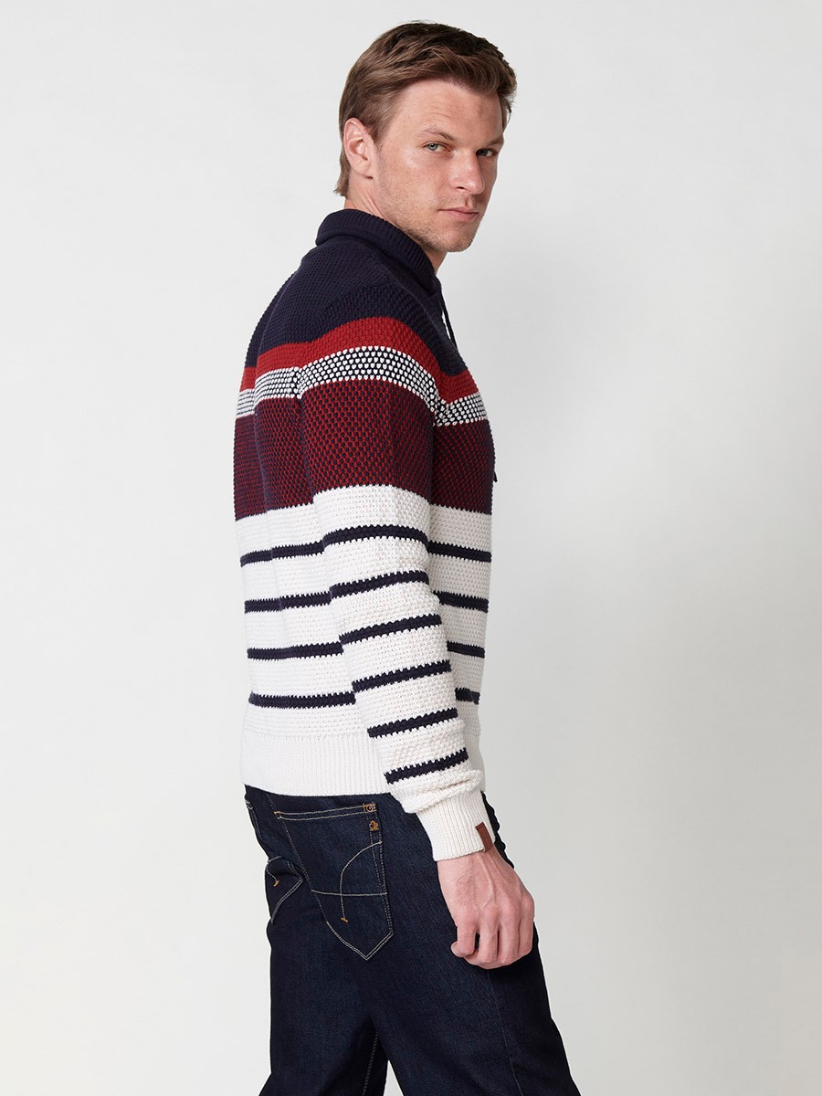 Men's Striped Cotton Long Sleeve Crew Neck Knit Sweater in Navy 4