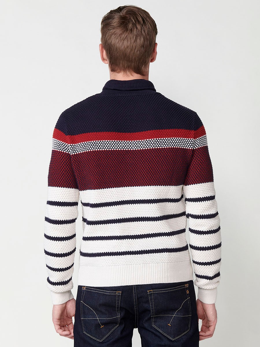 Men's Striped Cotton Long Sleeve Crew Neck Knit Sweater in Navy 2