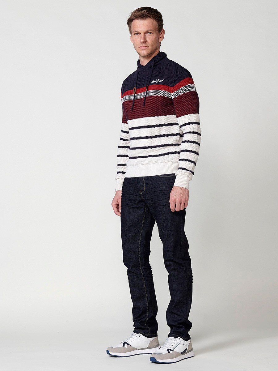 Men's Striped Cotton Long Sleeve Crew Neck Knit Sweater in Navy 5