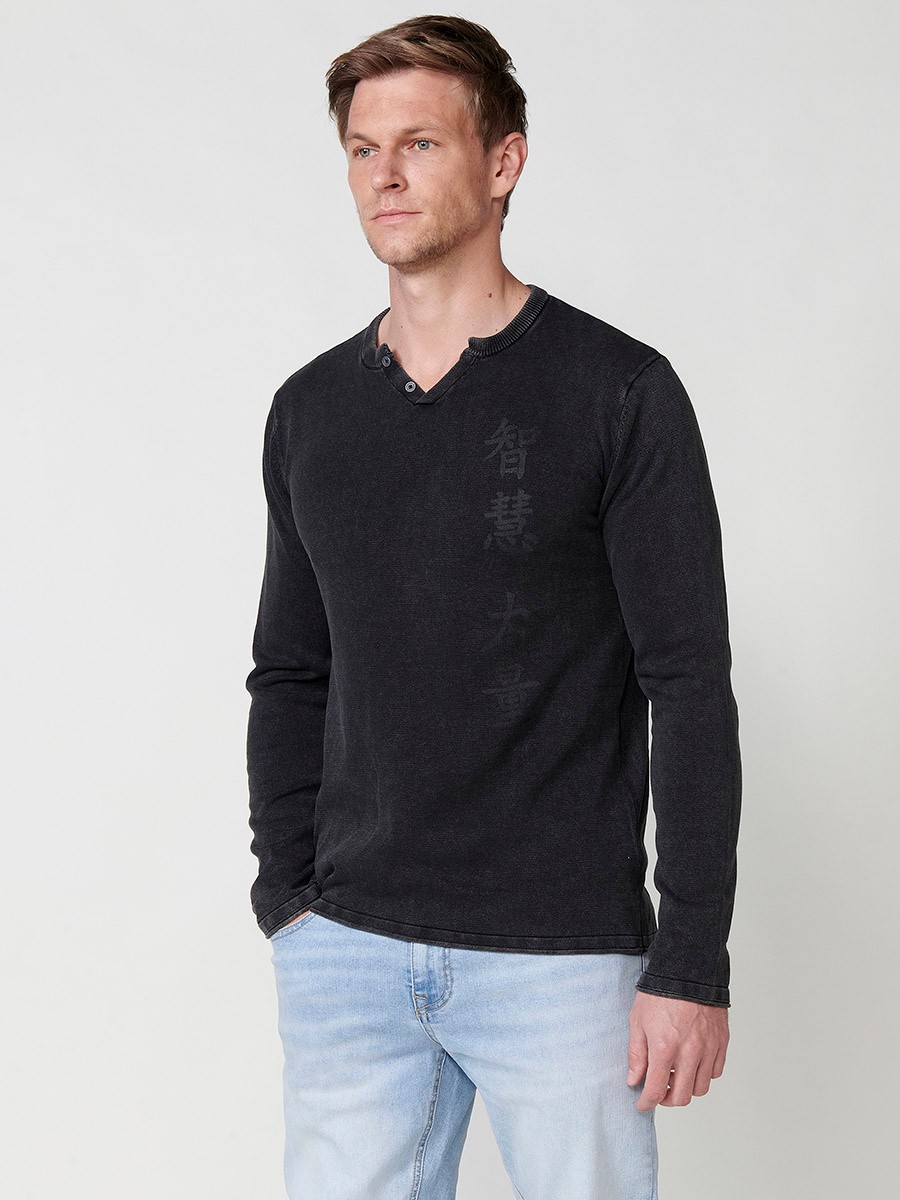 Men's Black Cotton Crew Neck Button Opening Knit Sweater