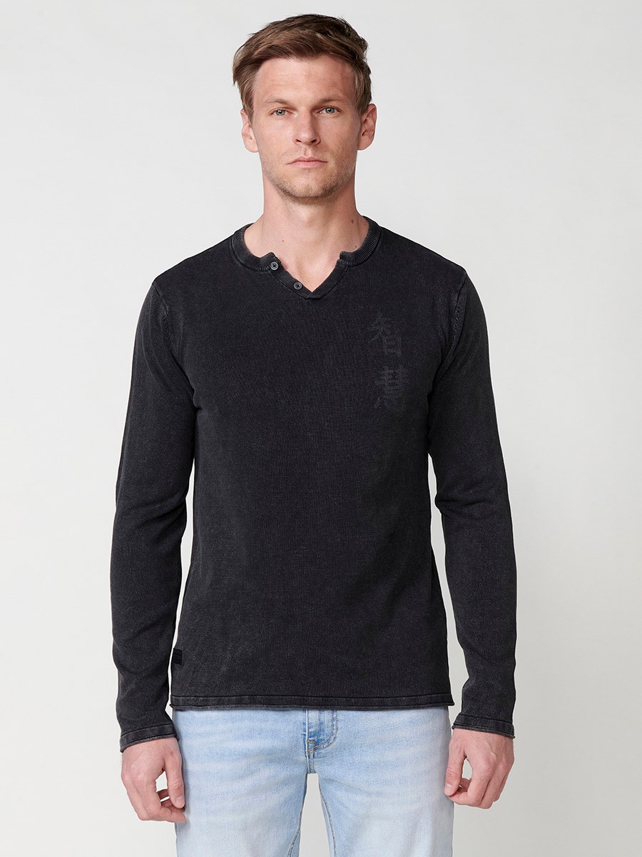 Men's Black Cotton Crew Neck Button Opening Knit Sweater 5