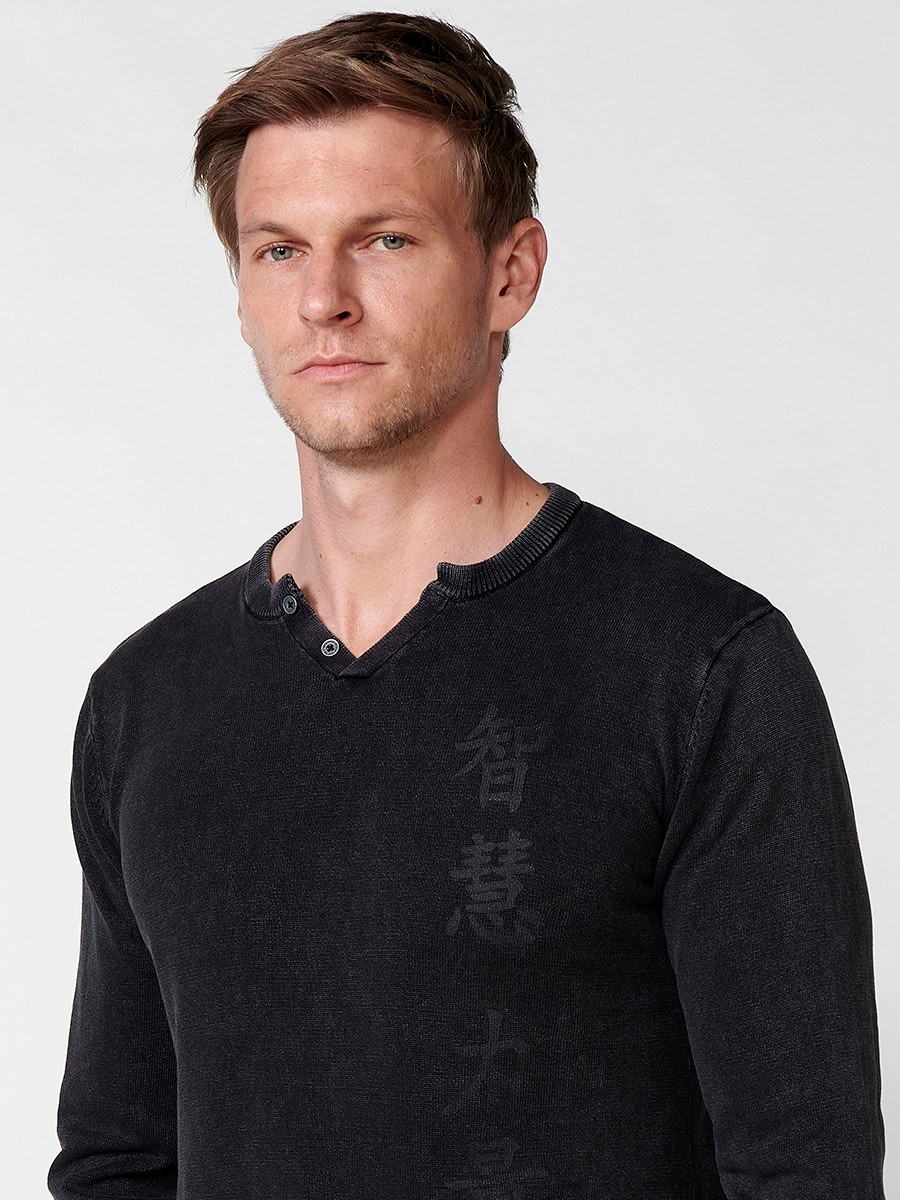 Men's Black Cotton Crew Neck Button Opening Knit Sweater 4