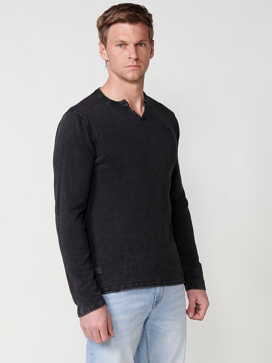 Men's Black Cotton Crew Neck Button Opening Knit Sweater 6