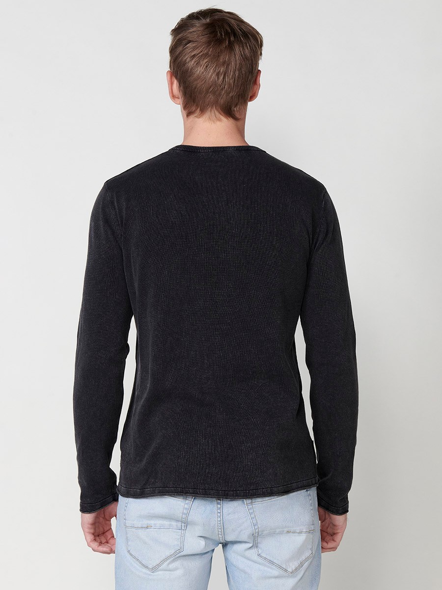 Men's Black Cotton Crew Neck Button Opening Knit Sweater 3