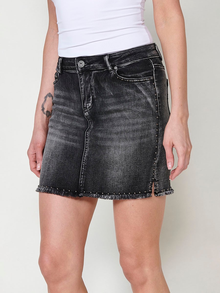 Women's Short Elastic Denim Skirt with Studded Detail on Sides and Hem in Black Denim 4