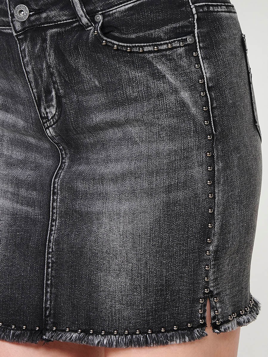 Women's Short Elastic Denim Skirt with Studded Detail on Sides and Hem in Black Denim 6