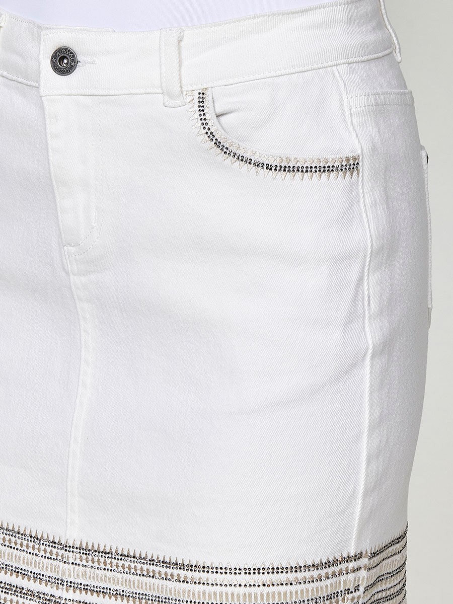 Women's Short Elastic Twill Skirt with Embroidered Trim and Sparkles in White 8