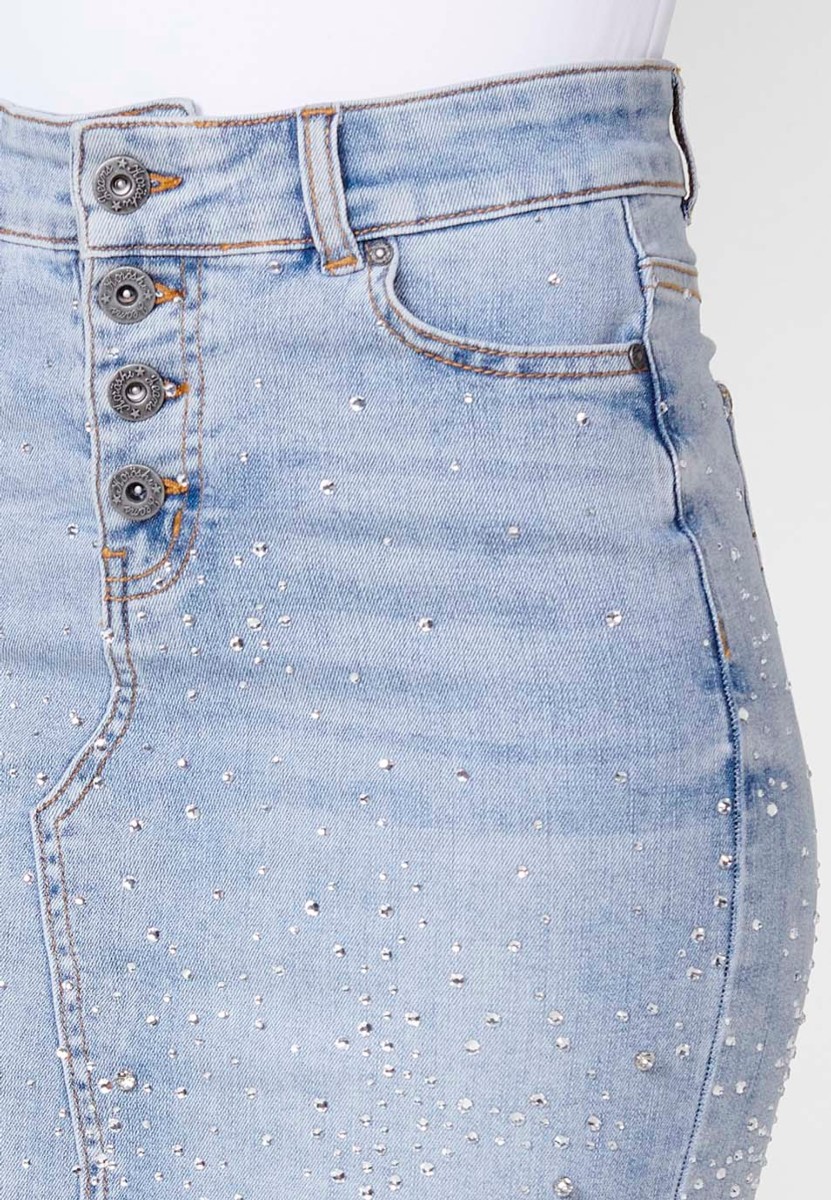 Falda corta denim con Cierre delantero con cuatro botones y Tela con brillis color Azul para Mujer