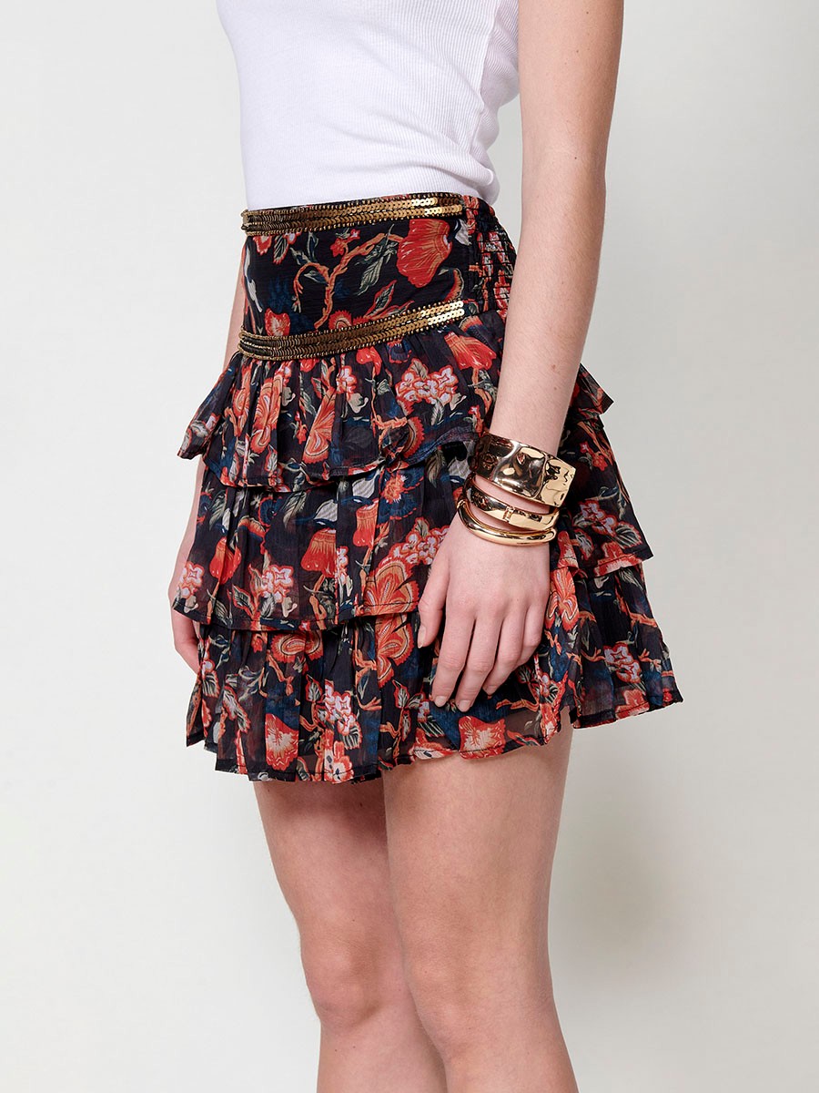 Multicolor Short Skirt with Ruffles and Sequin Embroidery