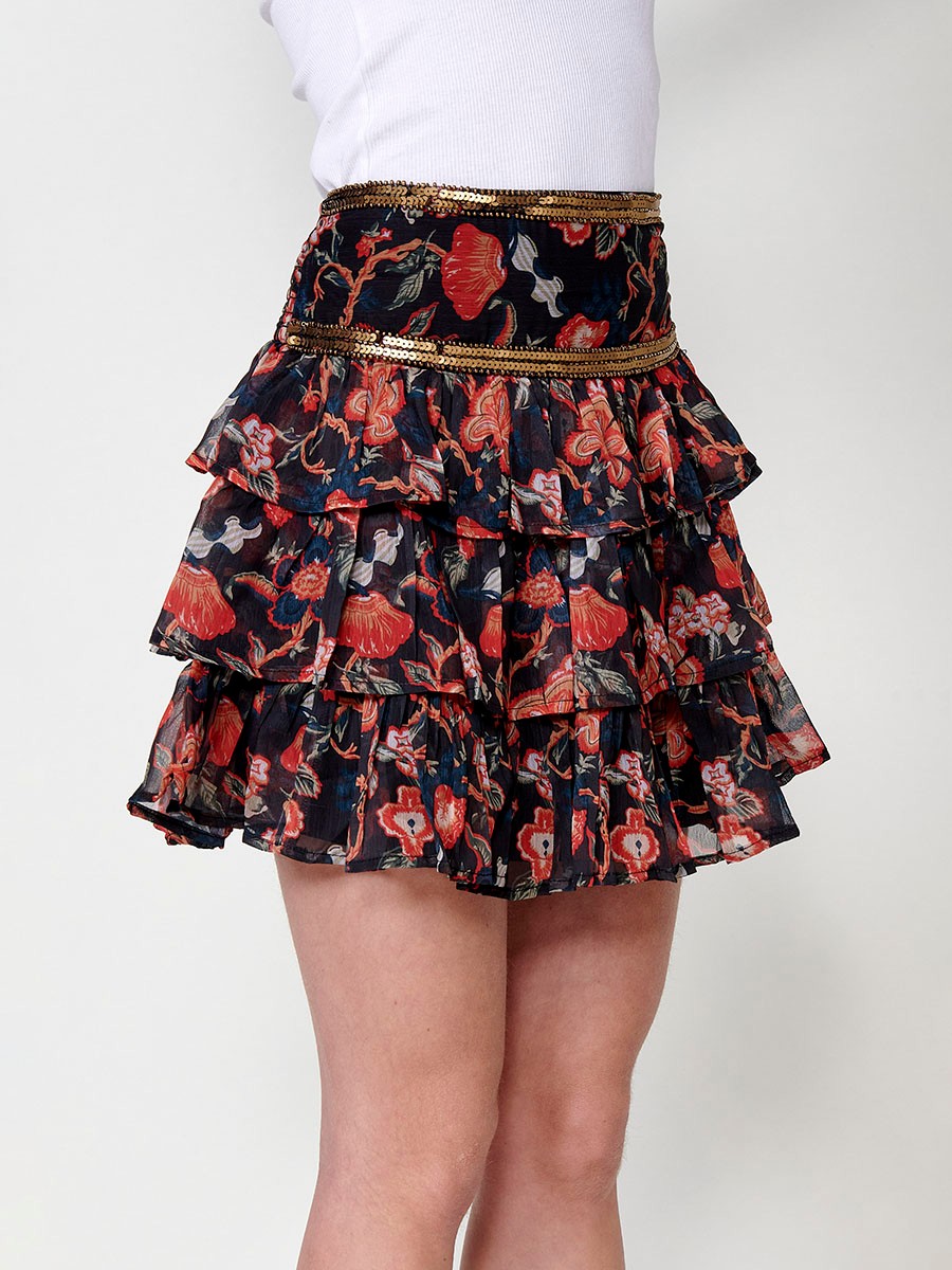 Multicolor Short Skirt with Ruffles and Sequin Embroidery