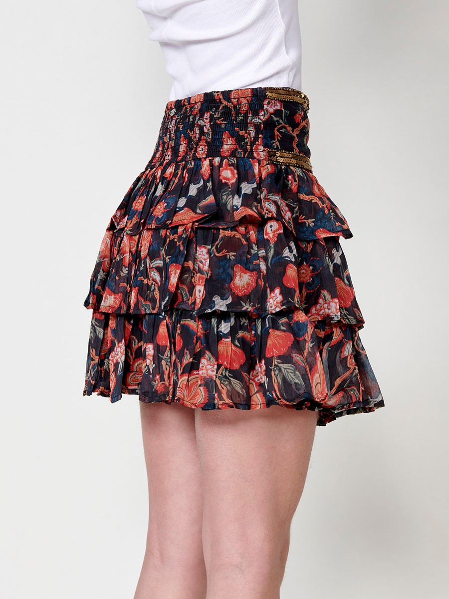 Multicolor Short Skirt with Ruffles and Sequin Embroidery