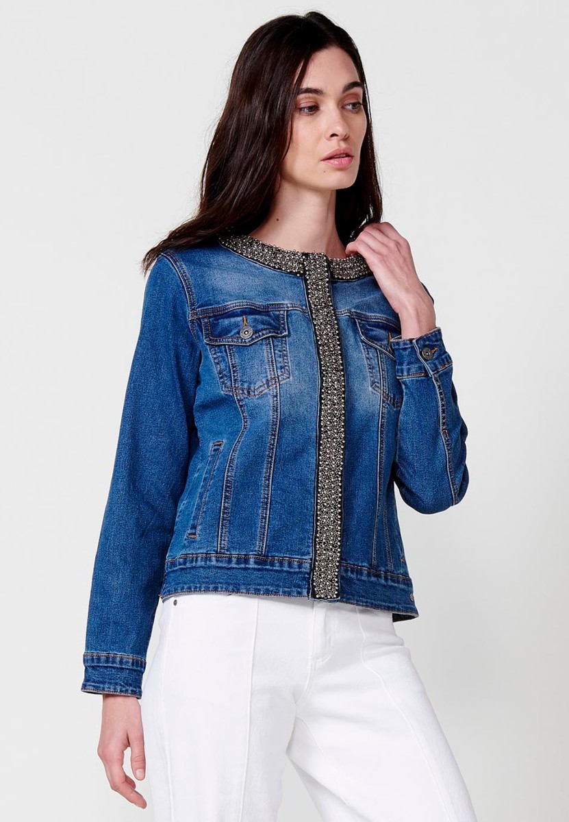 Chaqueta denim con detalles para mujer en azul oscuro