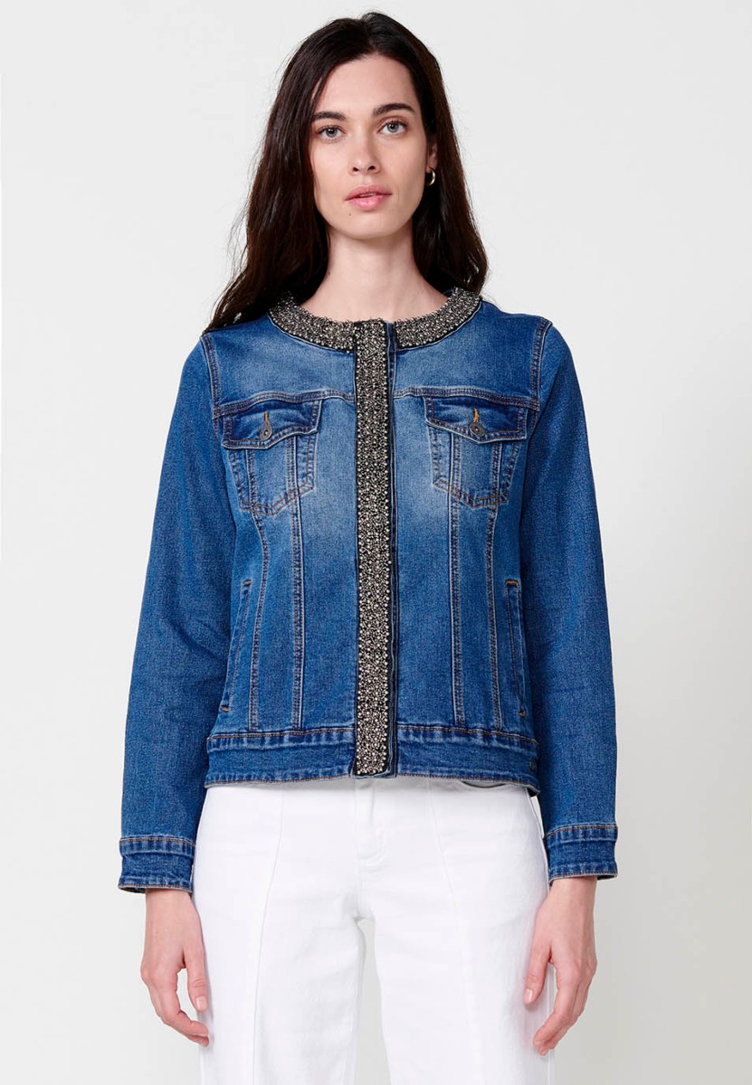 Chaqueta denim con detalles para mujer en azul oscuro