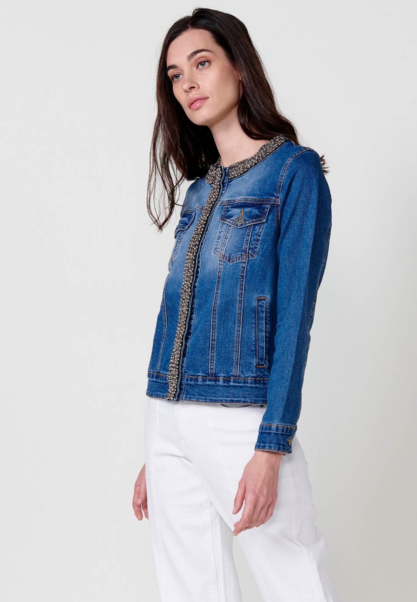 Chaqueta denim con detalles para mujer en azul oscuro