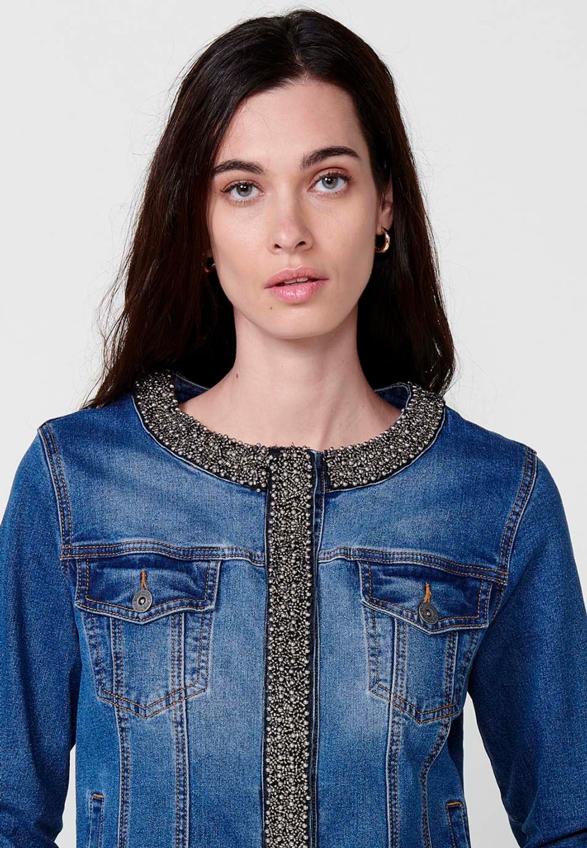 Chaqueta denim con detalles para mujer en azul oscuro