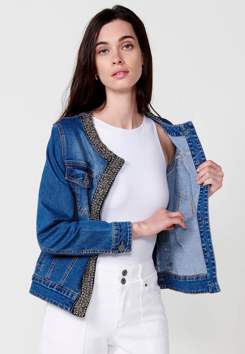 Chaqueta denim con detalles para mujer en azul oscuro