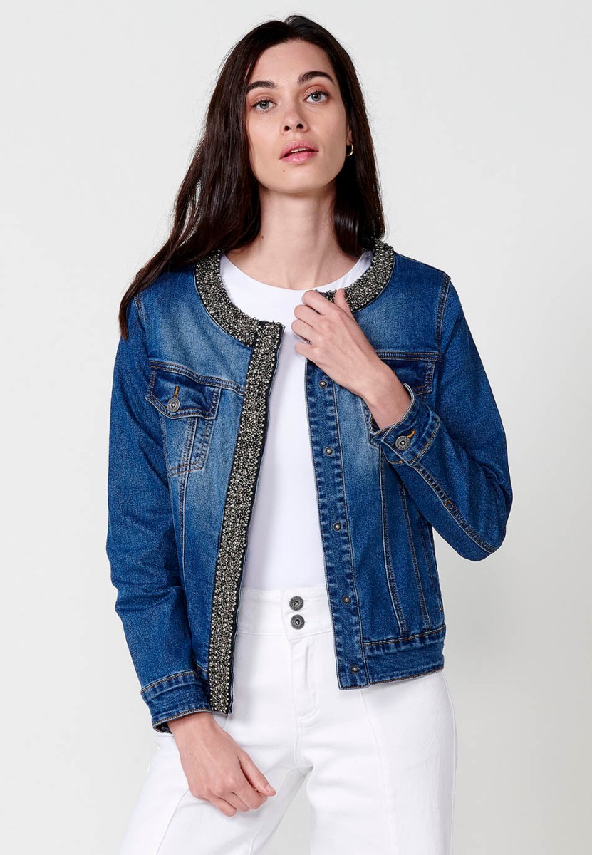 Chaqueta denim con detalles para mujer en azul oscuro