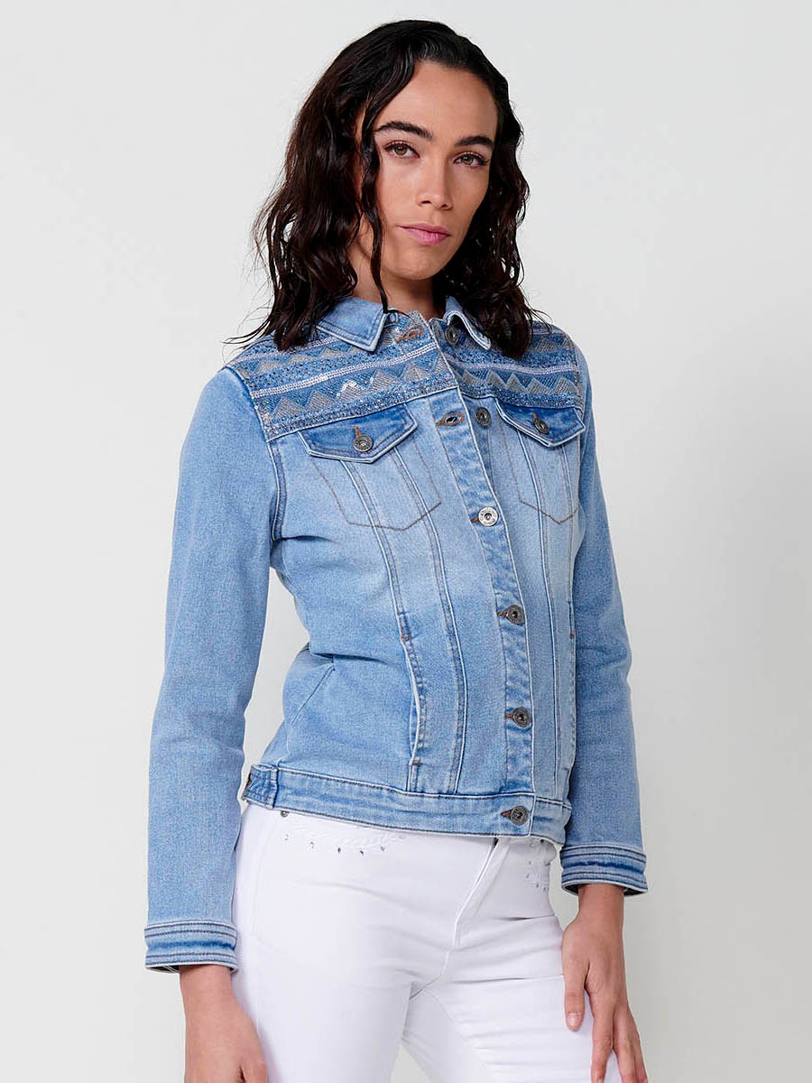 Chaqueta denim con detalles bordado para mujer color azul 