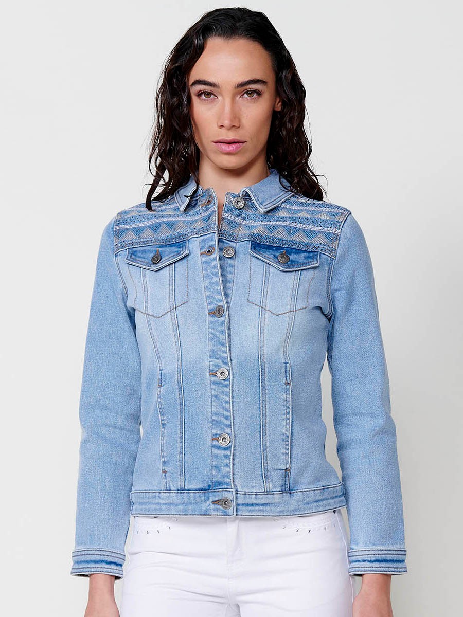 Chaqueta denim con detalles bordado para mujer color azul 