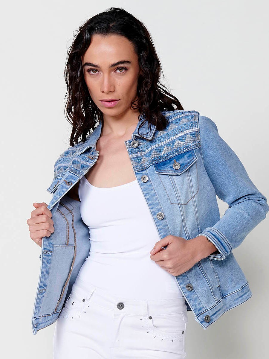 Chaqueta denim con detalles bordado para mujer color azul 