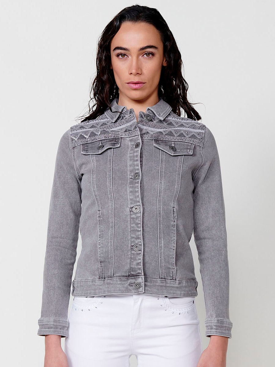 Chaqueta denim con detalles bordado para mujer color gris