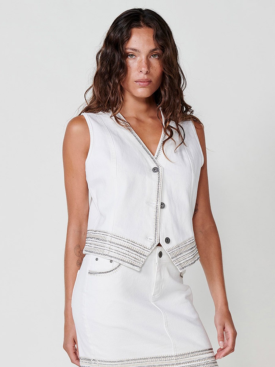 Women's Fitted Elastic Twill Vest with Embroidery and Shine in White