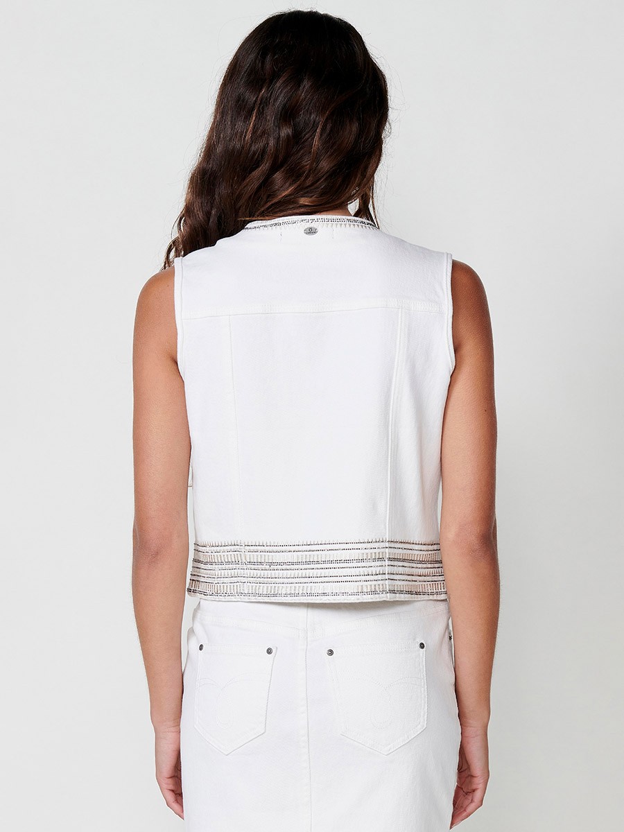 Women's Fitted Elastic Twill Vest with Embroidery and Shine in White 6