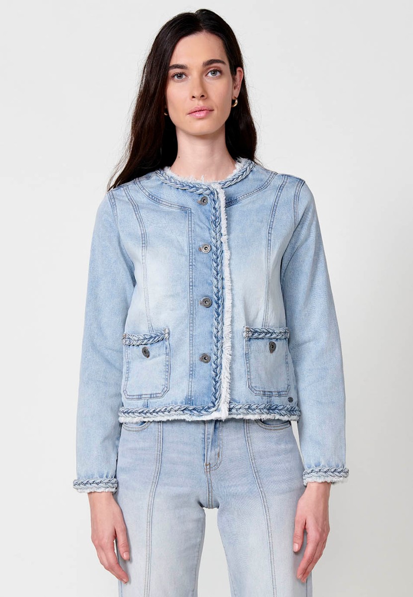 Cazadora denim con Cuello redondo y Cierre delantero con botones con Detalles de trenzas color Azul para Mujer 8