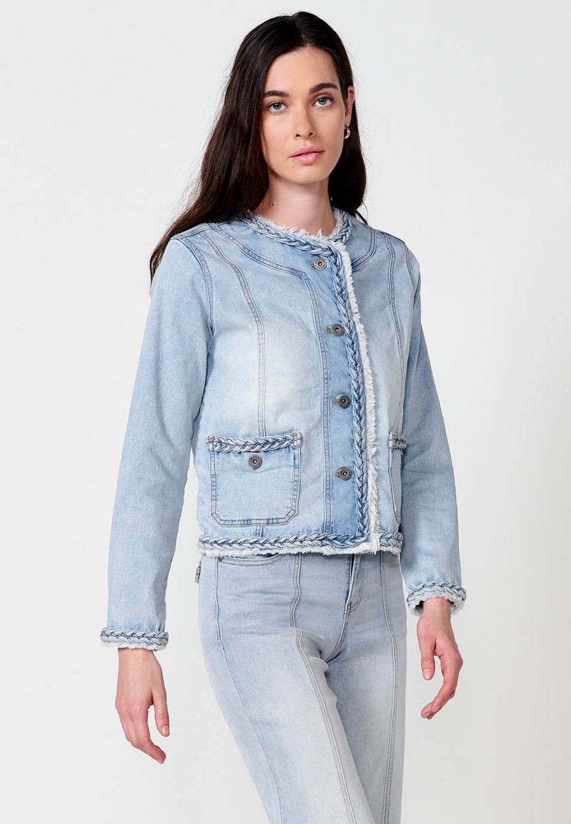 Cazadora denim con Cuello redondo y Cierre delantero con botones con Detalles de trenzas color Azul para Mujer 2