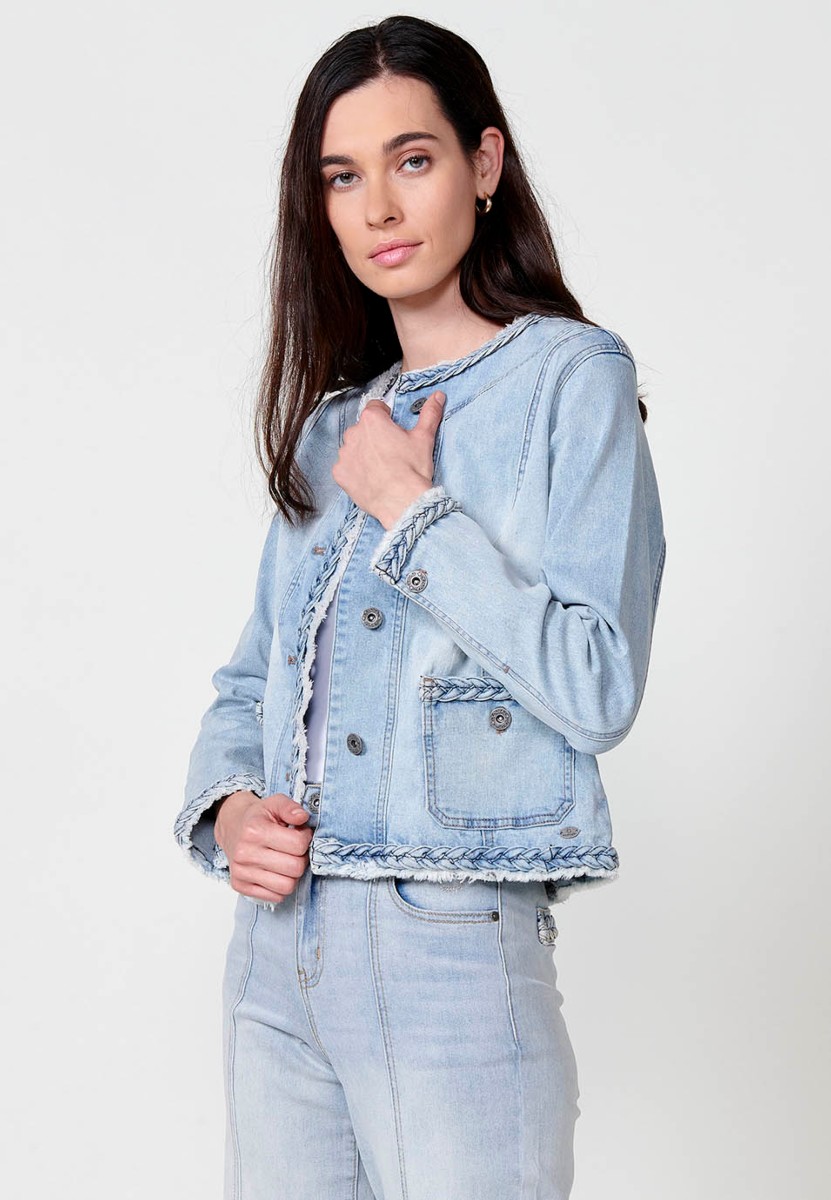 Cazadora denim con Cuello redondo y Cierre delantero con botones con Detalles de trenzas color Azul para Mujer 4