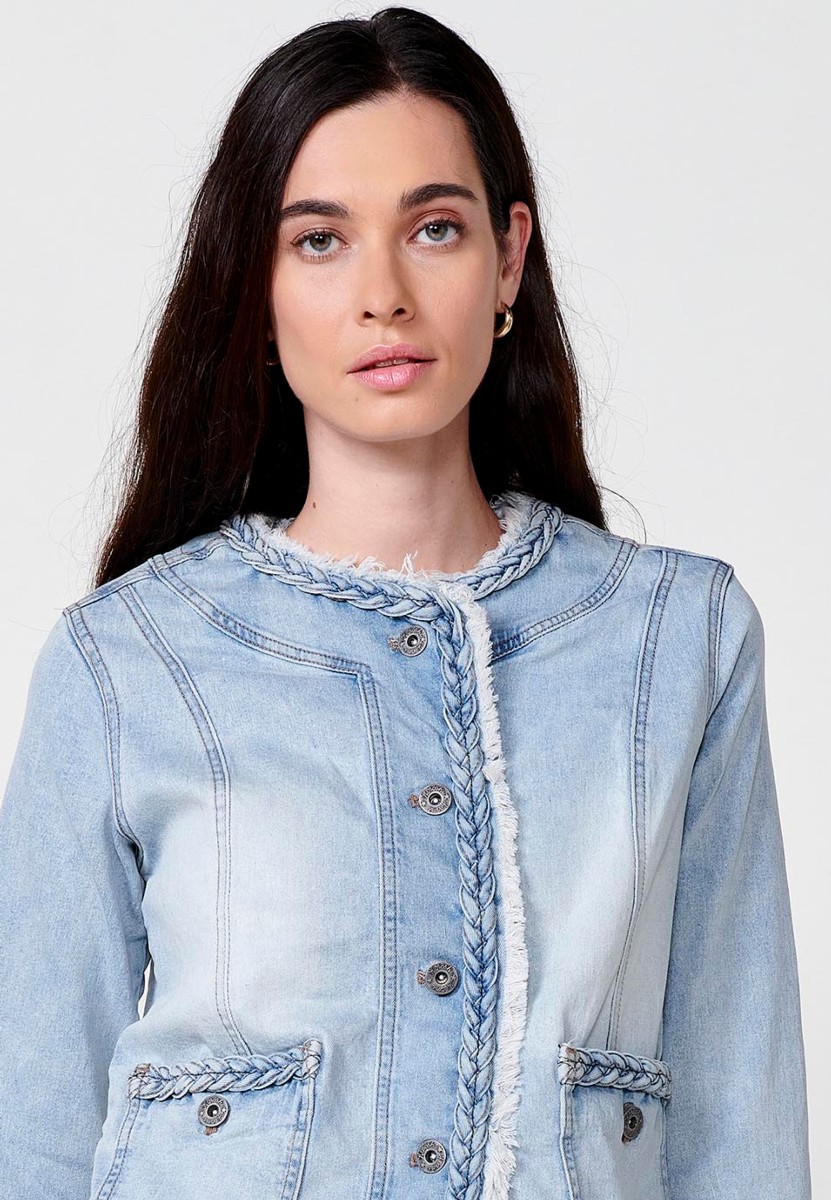 Cazadora denim con Cuello redondo y Cierre delantero con botones con Detalles de trenzas color Azul para Mujer 5