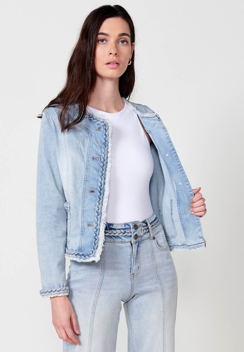 Cazadora denim con Cuello redondo y Cierre delantero con botones con Detalles de trenzas color Azul para Mujer 1